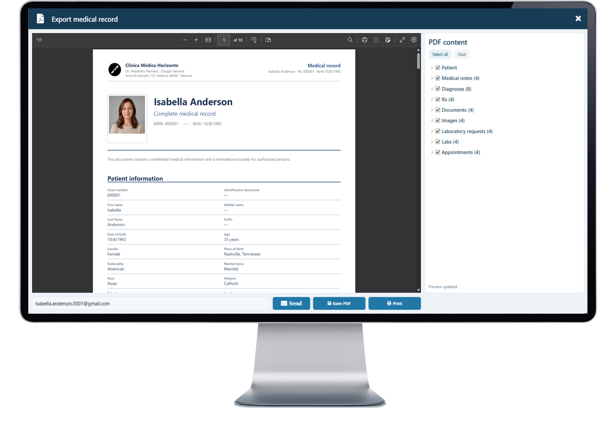 MediOffice Export medical record module with the PDF content panel and the document preview