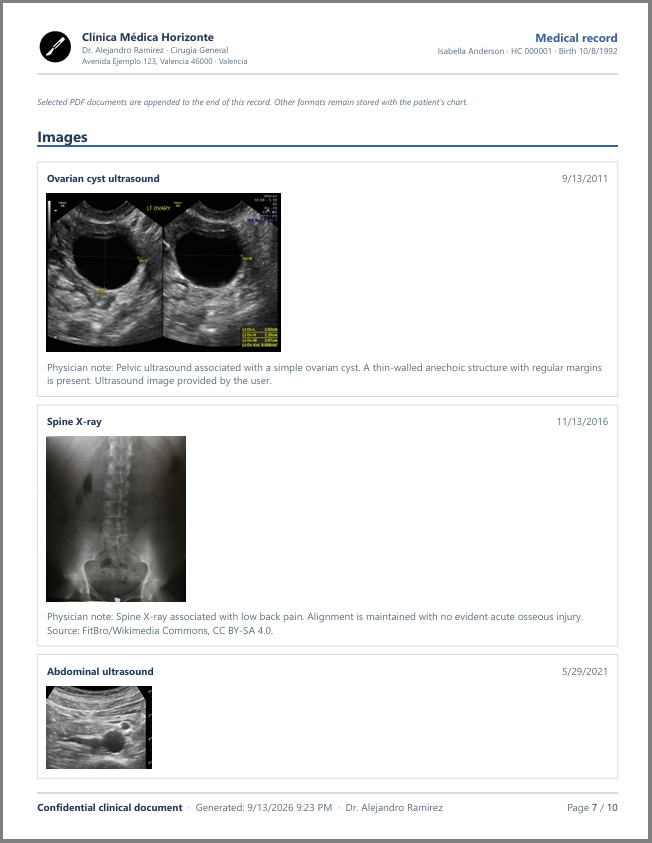 Clinical images with their dates and physician notes included in the medical record PDF