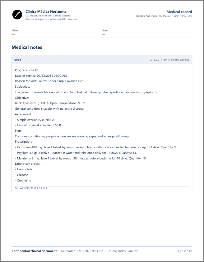 Medical notes presented within the medical record exported to PDF by MediOffice