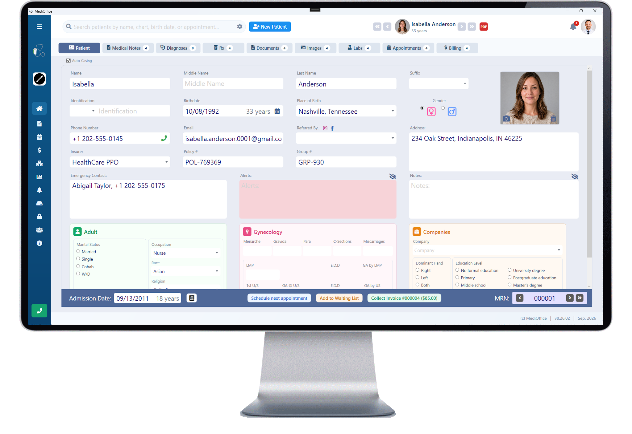 MediOffice patient profile with the new red button for exporting the medical record to PDF
