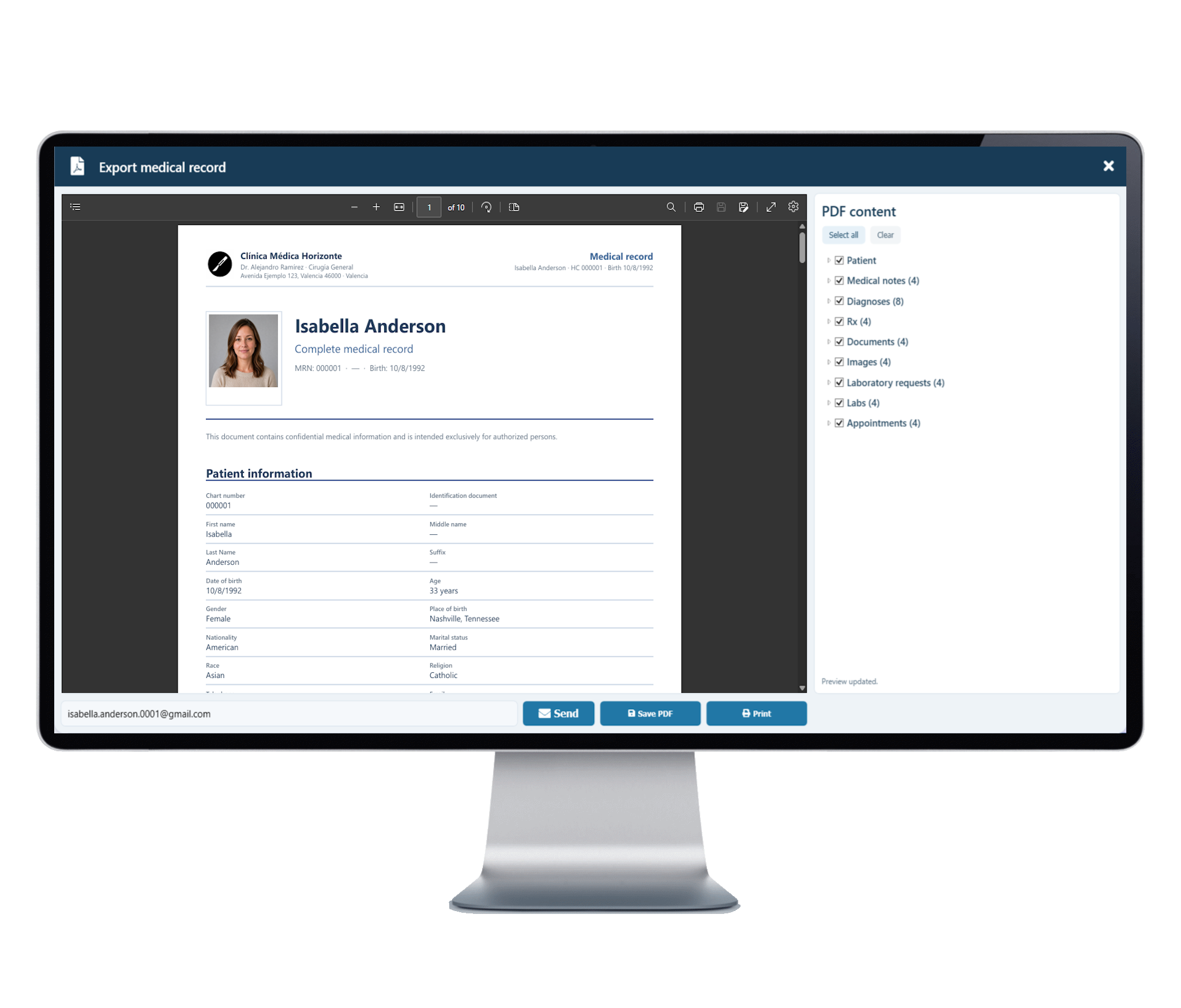 MediOffice Export medical record module with the PDF content panel and the document preview