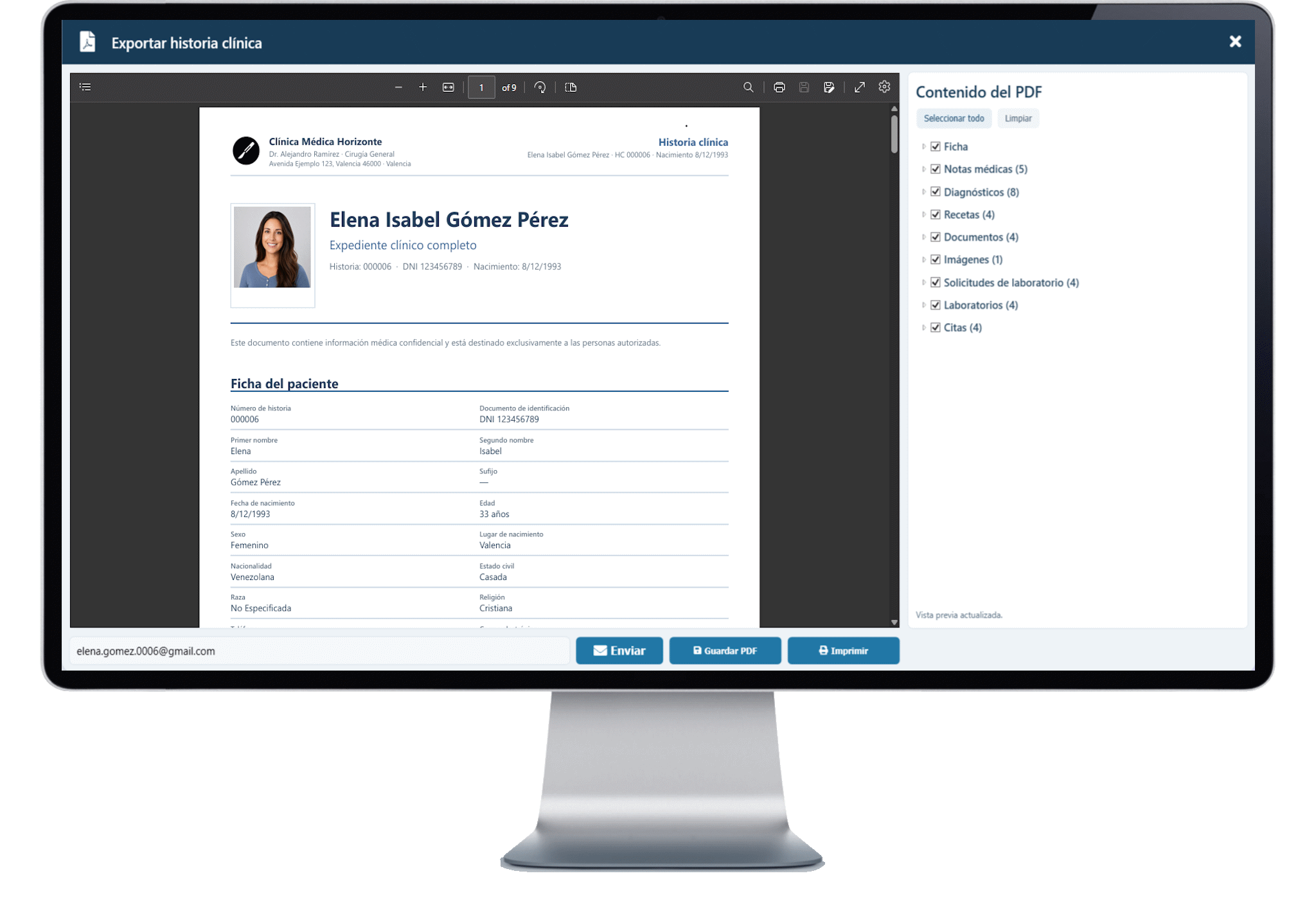 Módulo Exportar historia clínica de MediOffice con el panel Contenido del PDF y la vista previa del documento
