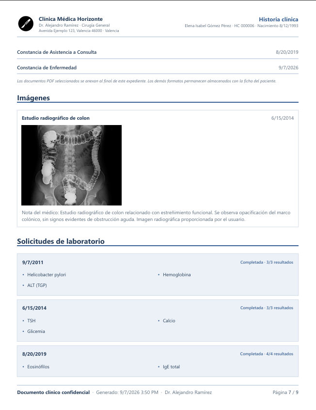 Imágenes clínicas y solicitudes de laboratorio incluidas en el PDF de la historia clínica