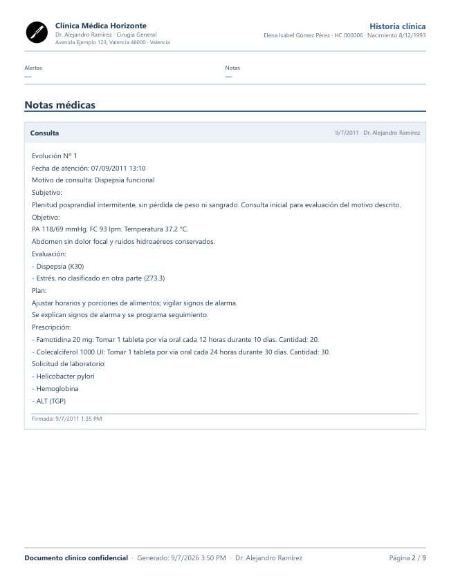 Notas médicas presentadas dentro de la historia clínica exportada a PDF por MediOffice