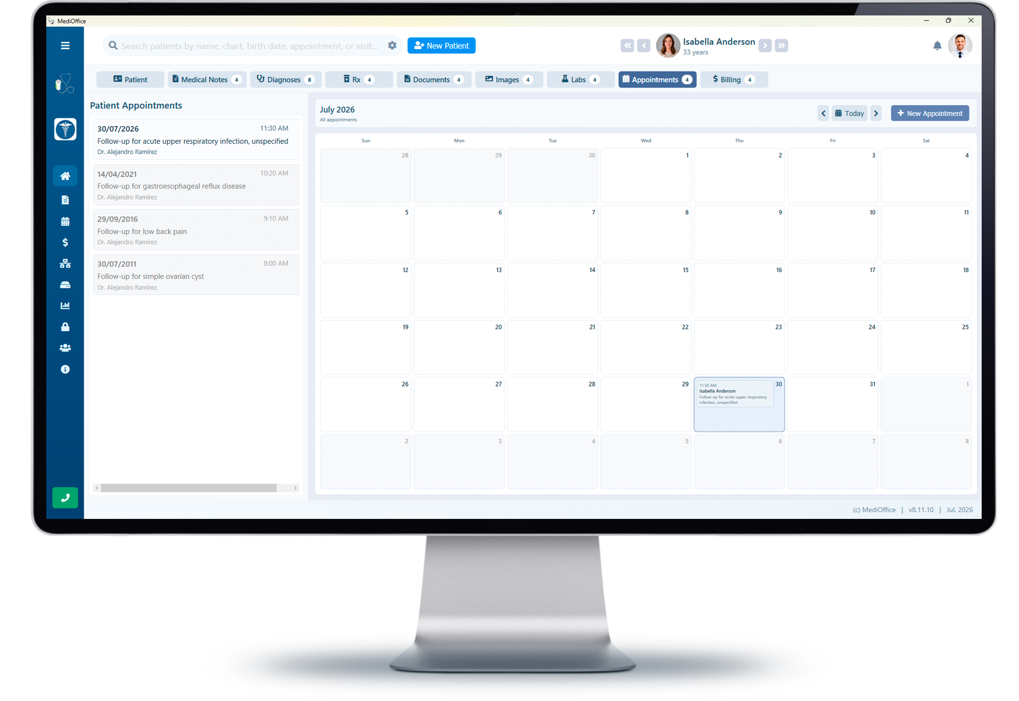 Appointment calendar connected to the patient record in MediOffice