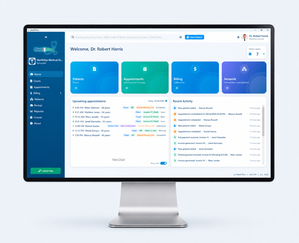New MediOffice home screen showing the daily patient care workflow