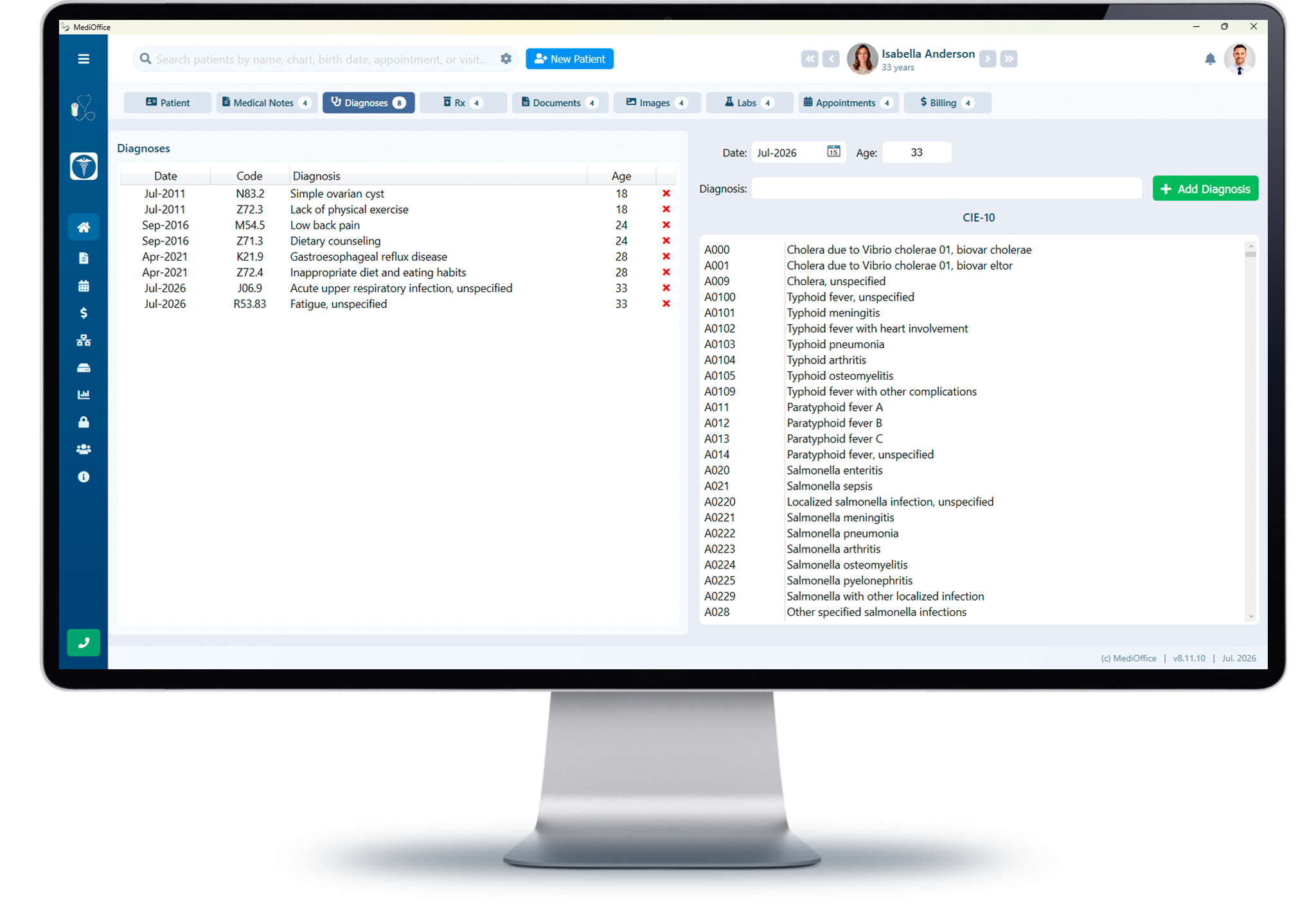 Integrated ICD-10 diagnosis history and selection in MediOffice