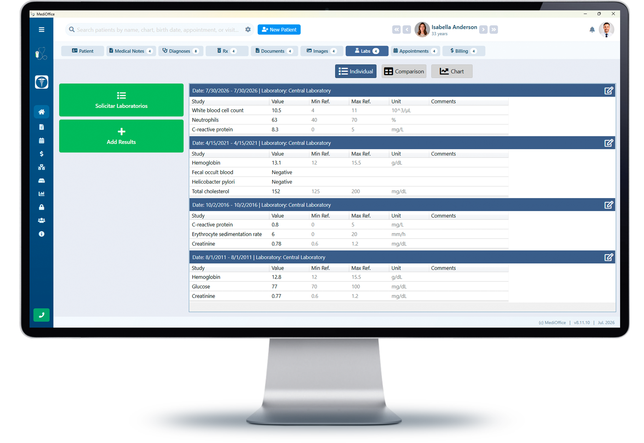 Laboratory results integrated into the MediOffice clinical record
