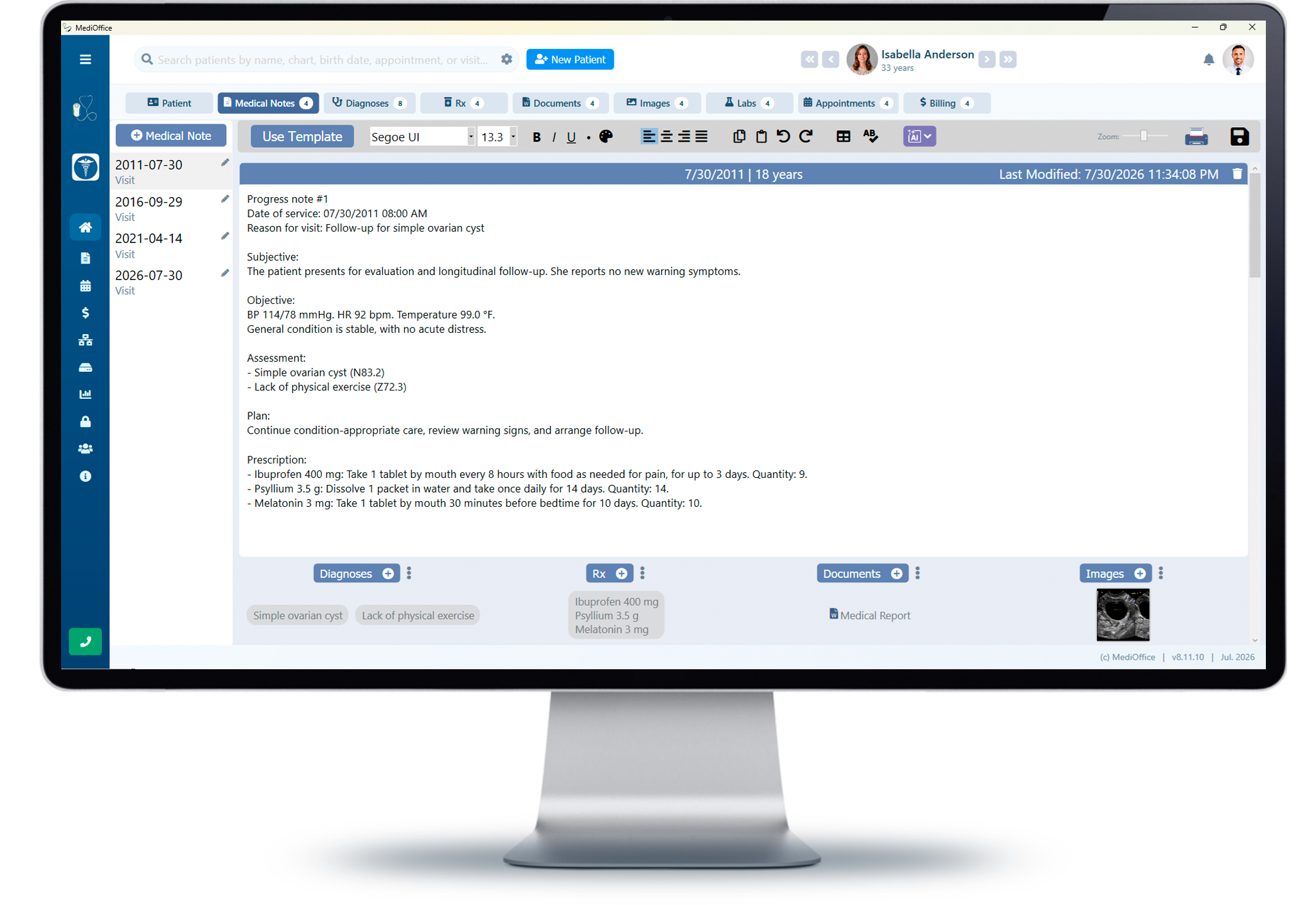 Medical notes integrated into the MediOffice clinical record